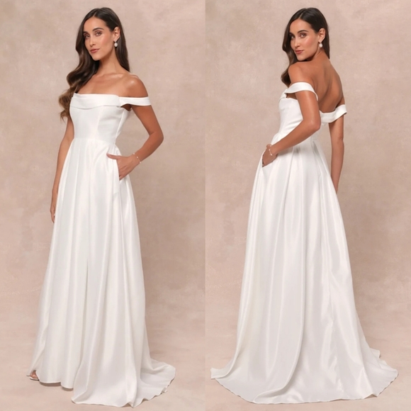 Lulus Extraordinary Vow White Off-the-Shoulder Maxi Dress with Pockets S Wedding - Picture 1 of 10